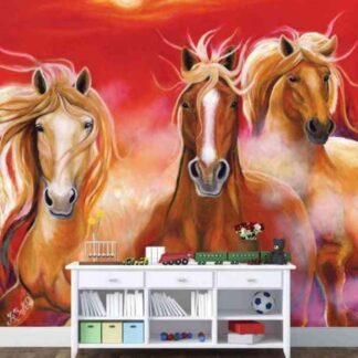 Red Running Horses Wallpaper, as seen on the wall of this kids room, features three brown horses galloping under a red sky from About Murals.