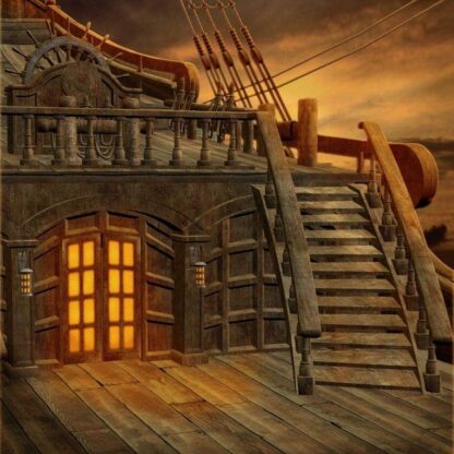 Ship Deck Wallpaper features the helm of a brown, wooden boat against an orange dusk sky from About Murals.