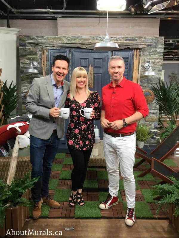 Stone Wall Mural, as seen on Colin and Justin's Cityline set, features realistic gray stacked stones with hints of blue and mossy yellow. Stone look wallpaper sold by AboutMurals.ca.
