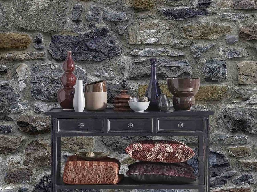 Stone Wall Mural, as seen in this hallway, is a stone wallpaper created from a high resolution photo offering a realistic look from About Murals.