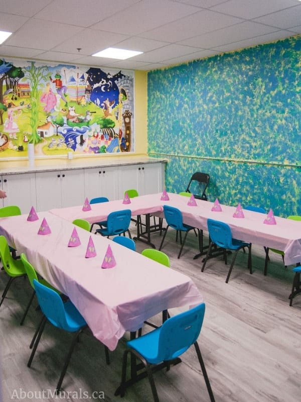 Story Time Wall Mural, as seen in this birthday party room, features all the characters from your children's fave fairytales. Kids wallpaper sold by AboutMurals.ca.