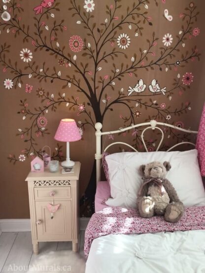 Tree of Life Brown Wall Mural, seen in this girls bedroom, features a whimsical tree full of flowers, butterflies and birds on a brown background. Kids wallpaper sold by AboutMurals.ca.