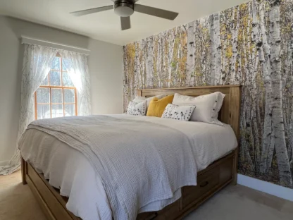 White Birch Wallpaper, as seen on a feature wall of a bedroom, is a realistic photo mural of tall white trees in a natural autumn forest from About Murals.
