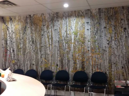 White Birch Wallpaper, as seen on the wall of this reception area, is a wall mural featuring realistic looking trees in a forest from About Murals.