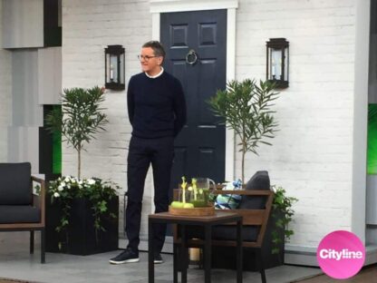 White Brick Wall Mural, as seen on Brian Gluckstein's Cityline segment, feels fresh with its whitewashed painted bricks. White brick wallpaper sold by AboutMurals.ca.