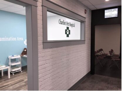 White Brick Wall Mural, as seen in a soft play area of an indoor playground, creates a textured look to walls outside of a pretend vet clinic with its whitewashed painted bricks from About Murals.