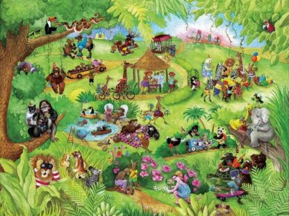 Zoo Wall Mural is a kids wallpaper with a giraffe, zebra, kangaroo, penguin, panda, tiger, bear, camel, elephant, moose, lion and ostrich doing the things humans do from About Murals.