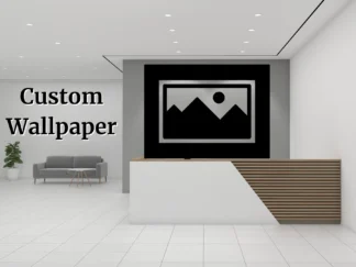Custom wallpaper, as seen on the wall of this commercial business, is designed and printed for customers in Canada and USA.