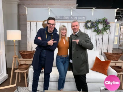 A custom wallpaper in a white wood design created for Colin and Justin on Cityline by About Murals.