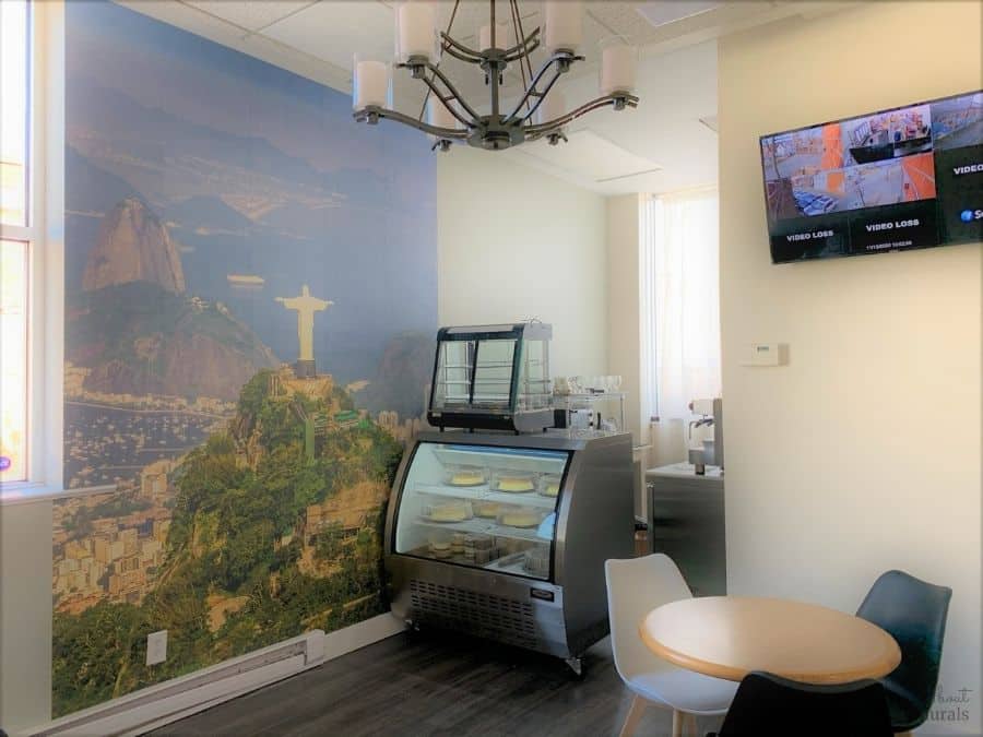 This custom wallpaper, as seen on the walls of Brazmart in St. Catharines, is a Rio de Janeiro wallpaper from About Murals.