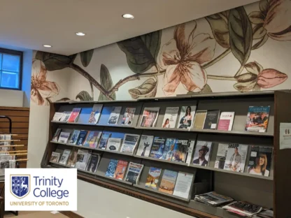 Custom Wallpaper, as seen on the wall of the University of Toronto's Library, of vintage floral pattern created by a graphic designer and printed by About Murals.
