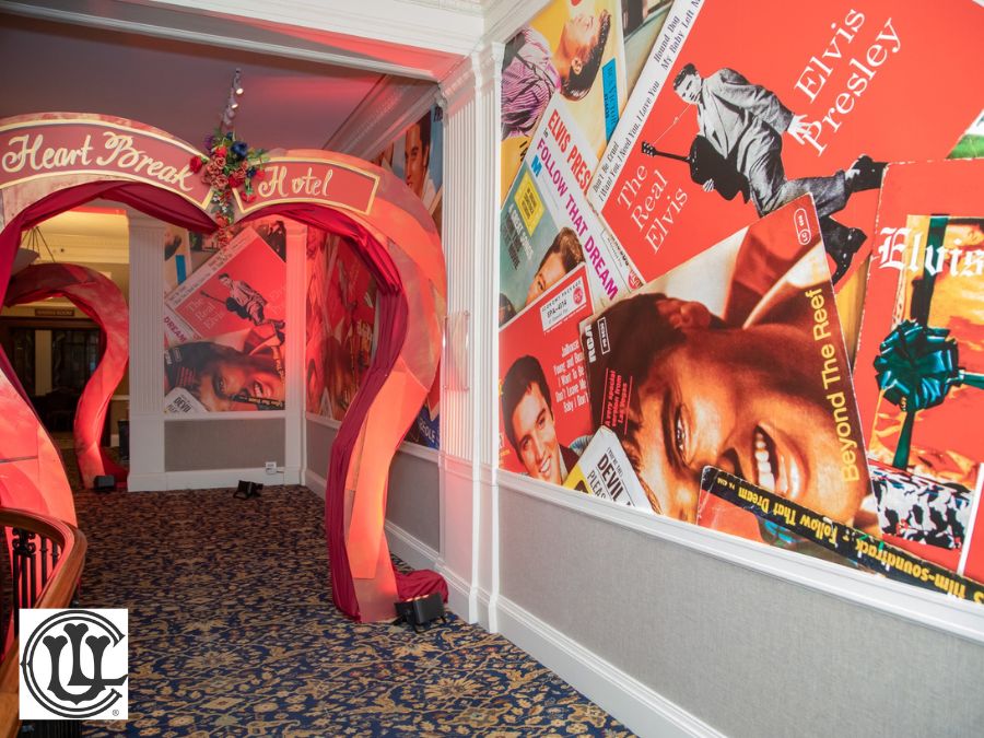 Elvis Presley Wallpaper, custom printed for the Union League Club of Chicago, features a collage of album covers and magazine covers by About Murals
