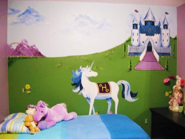 A kids wall mural featuring a unicorn under a royal castle