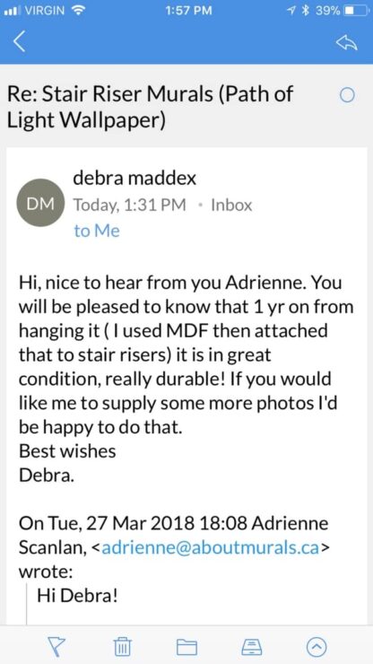 A screenshot of an email talking about the durability of wallpaper for stairs by AboutMurals.ca