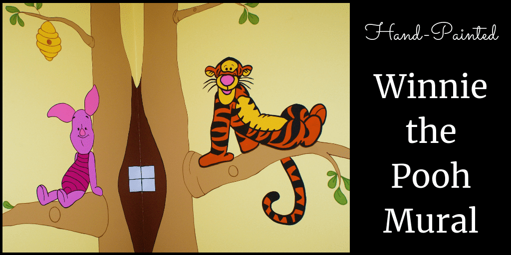 A Winnie the Pooh mural, hand-painted by Adrienne of AboutMurals.ca, features Tigger and Piglet