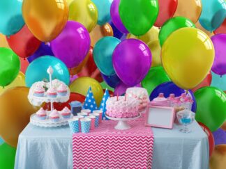 Balloon Wallpaper, as seen on the wall of this children's birthday party venue, is a wall mural of large colorful floating balloons from About Murals.