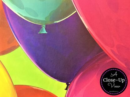 A close-up view of a balloon wallpaper features red, purple, yellow and turquoise balloons. Kids wallpaper sold by AboutMurals.ca.