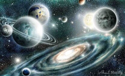 Deep in Space Wallpaper features stars twinkling around planets in a black galaxy. Space wall murals sold by AboutMurals.ca.