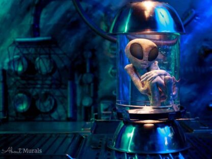 Extraterrestrial Wallpaper is a wall mural with an alien floating in a specimen jar against a dark blue sci fi background from About Murals.