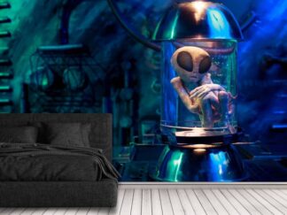 Extraterrestrial Wallpaper, as seen on the wall of this bedroom, is an alien mural with a creature floating in a specimen jar reminiscent of Area 51 from About Murals.
