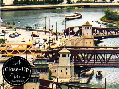 A close-up view of a Chicago River Wallpaper showing cars, boats and a bridge in the Windy City from About Murals.