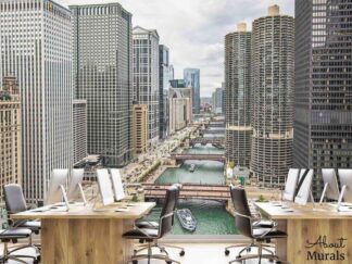 Chicago River Wallpaper, as seen on the wall of this office, features modern skyscraper buildings in the windy city. Chicago skyline wallpaper sold by AboutMurals.ca.