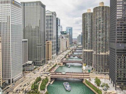 Chicago River Wallpaper features views of towering skyscrapers and the bustling city, perfect for your office or living room walls. Chicago skyline wallpaper sold by AboutMurals.ca.