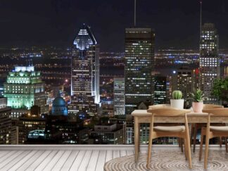 Montreal Downtown Wallpaper, as seen on the wall of this kitchen, is a photo mural of skyscrapers in downtown Montreal, Quebec under a black night sky from About Murals.