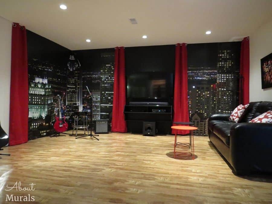 Montreal Downtown Wallpaper, as seen in this living room, is a photo mural of an iconic city skyline at night from About Murals.