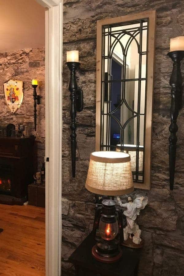 Castle Stone Wallpaper, as seen in this hallway, is a realistic, beige stone wallpaper that adds a textured look to walls.