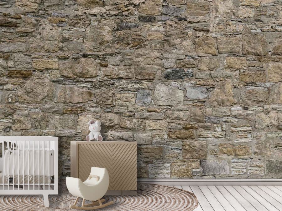 Castle Stone Wallpaper, as seen on the wall of this nursery, is a high res photo mural of realistic brown stones from About Murals.