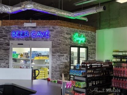Grey Stone Wallpaper, as seen on the wall of this LCBO Convenience Outlet, is a high resolution photo mural of a textured stone wall that looks realistic from About Murals.