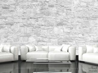 White Stone Wallpaper, as seen in this living room, adds an airy texture with its stacked stone wall. Easy wallpaper sold by AboutMurals.ca.