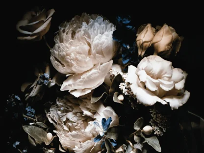 Black Floral Wallpaper is a flower mural with large white rose and peony flowers on a dark background from About Murals Canada.