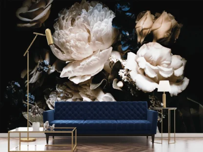Black Floral Wallpaper, as seen in this living room, is a wall mural with large cream coloured rose and peony flowers on a dark background from About Murals.