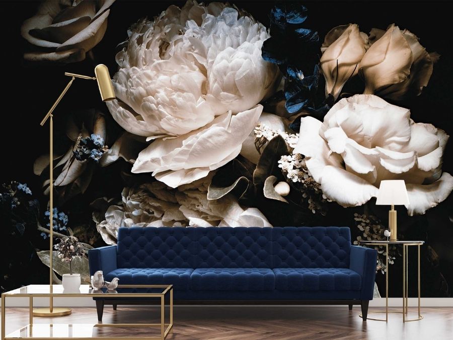 Black Floral Wallpaper, as seen in this dark blue living room, features rose and peony flowers on a dark background from About Murals.