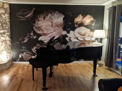 Black Floral Wallpaper, as seen on the wall of this music room, is a photo mural of cream roses, ivory peonies and blue flowers against a dramatic dark background from About Murals.