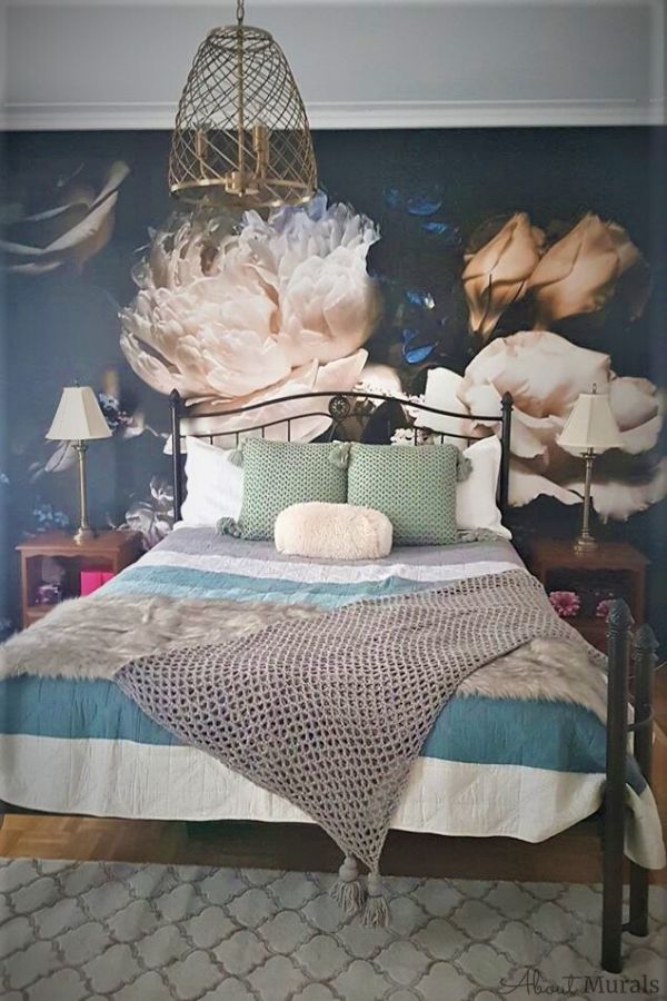 Black Floral Wallpaper, as seen in this bedroom with blue accents, features beautiful peony and rose flowers on a dark background. Flower wall murals sold by AboutMurals.ca.