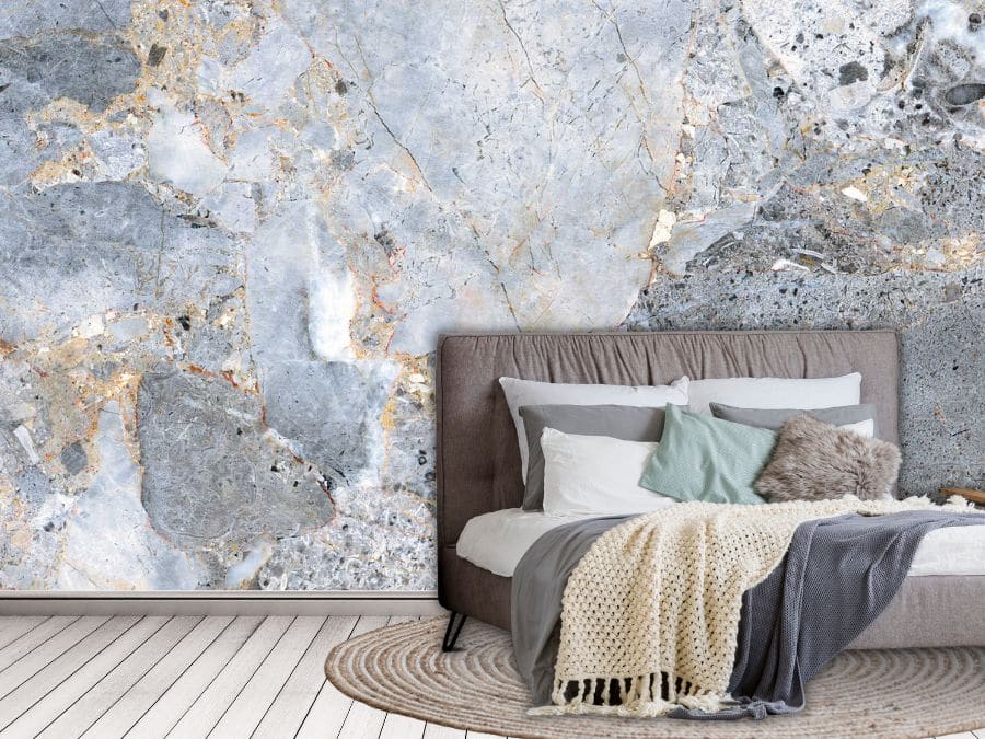 Gold Marble Wallpaper, as seen on the wall of this bedroom, is a photo mural of grey marble with gold veins creating a realistic texture from About Murals.