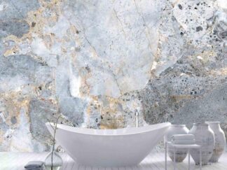 Gold Marble Wallpaper, as seen on the wall of this sophisticated bathroom, is a photo mural of grey marble with gold veining that creates a realistic texture effect from About Murals.