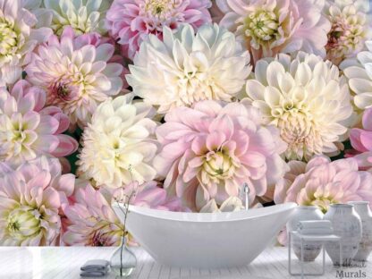 Pink Flower Wallpaper, as seen on the wall of this bathroom, features beautiful, oversized dahlia flowers. Floral wallpaper sold by AboutMurals.ca.