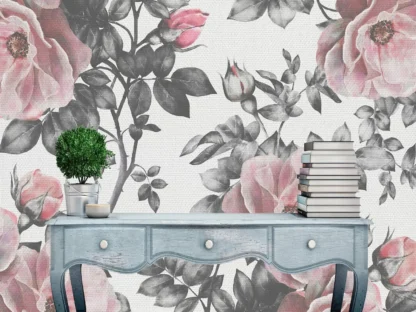 Vintage Flower Wallpaper, as seen on the wall of this hallway behind a desk with books, is a floral mural with pink antique roses and grey leaves from About Murals.