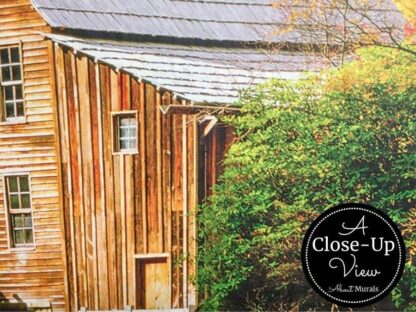 A close-up view of a mill in a Watermill Wallpaper from About Murals.