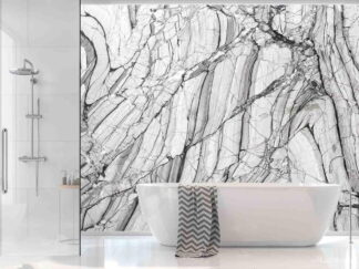 Black and White Marble Wallpaper, as seen on the wall of this bathroom, features a grey stone with black veining. Marble Wallpaper sold by AboutMurals.ca.