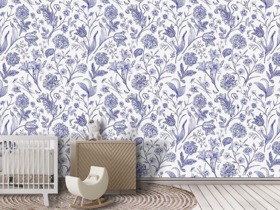 Blue Toile Wallpaper, as seen on the wall of this nursery, is a floral mural with a French inspired, textured pattern from About Murals.