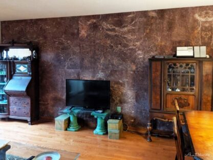 Dark Brown Marble Wallpaper, as seen on the wall of this traditional living room, creates a rich feeling with its large marble tiles. Marble wallpaper sold by AboutMurals.ca.