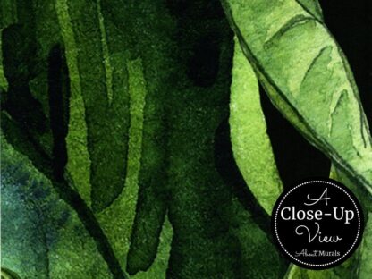 A close-up view of green leaves on a black background from Dark Tropical Wallpaper, sold by About Murals.