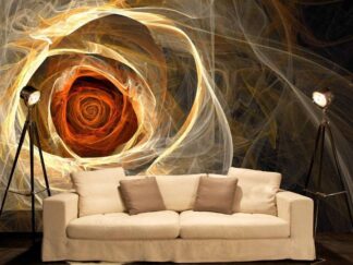 Yellow Fractal Flower Wallpaper, as seen on the wall of this modern living room, features a single yellow rose on a black background from About Murals.
