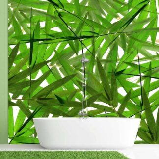 Bamboo Leaf Wallpaper, as seen on the wall of this bathroom, features large, overlapping bamboo leaves from About Murals.
