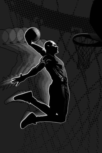 Black Basketball Wallpaper is a sports mural of a black and white player jumping through the air with a ball from About Murals.